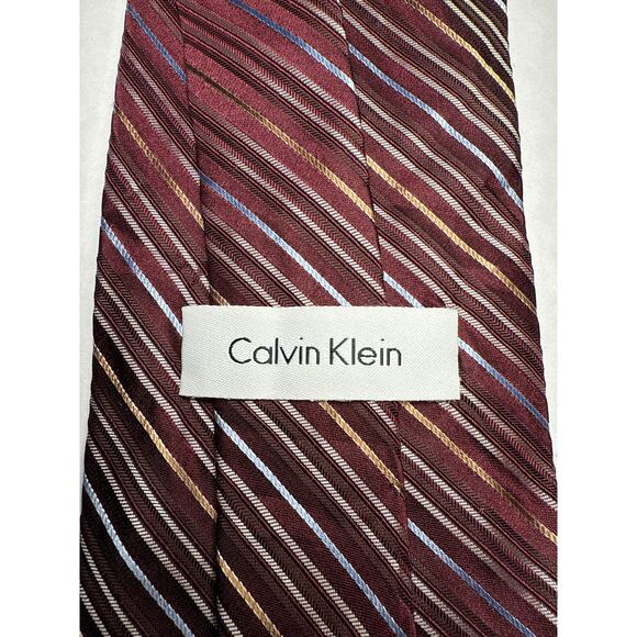 Calvin Klein Burgundy Wine Gold Silver Lt Blue Diaganol Striped 100% Silk Tie4in - Picture 3 of 4